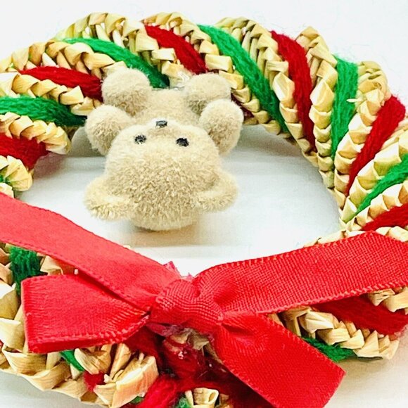 Vintage Christmas Ornament Straw Wreath With Teddy Bear Green & Red Wool Strings - Picture 4 of 12